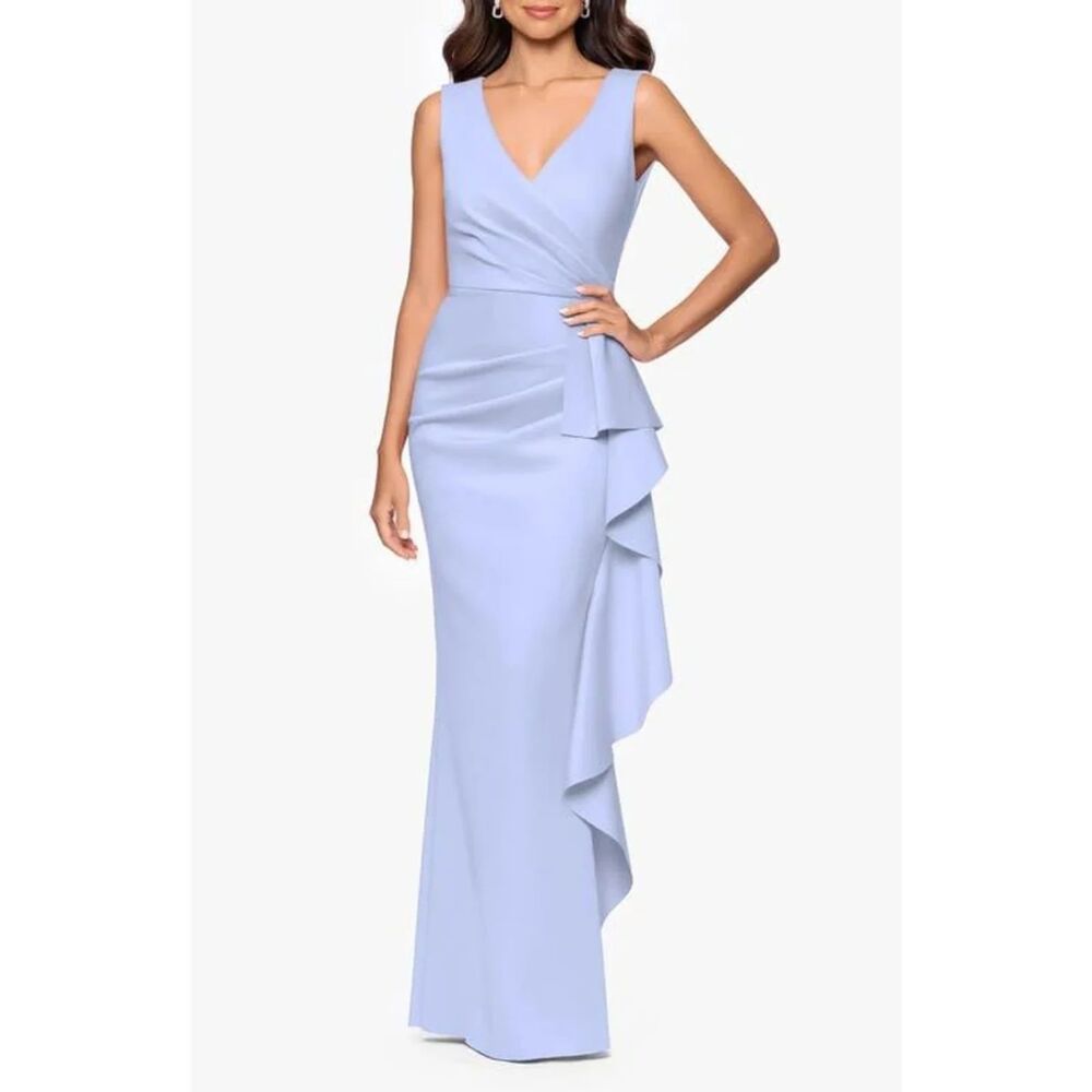 Betsy & Adam NWT DIY Ruffle Scuba Gown Surplice V Neck Ruched Waist Blue 16 Flaw